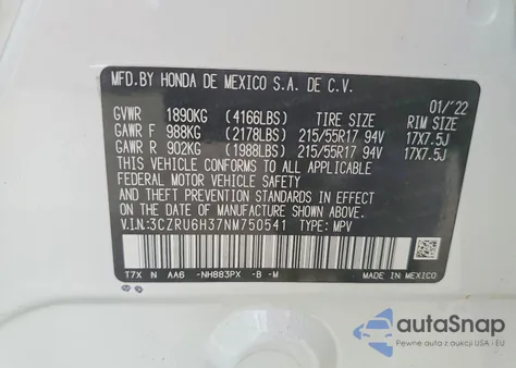 2022 Honda Hr-V Lx z USA, uszkodzony, nr VIN 3CZRU6H37NM750541